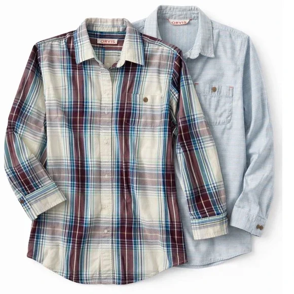 Orvis Womens Button Down Shirt Lot of 2 Plaid and Blue Long Sleeve Tops Small - Picture 1 of 13